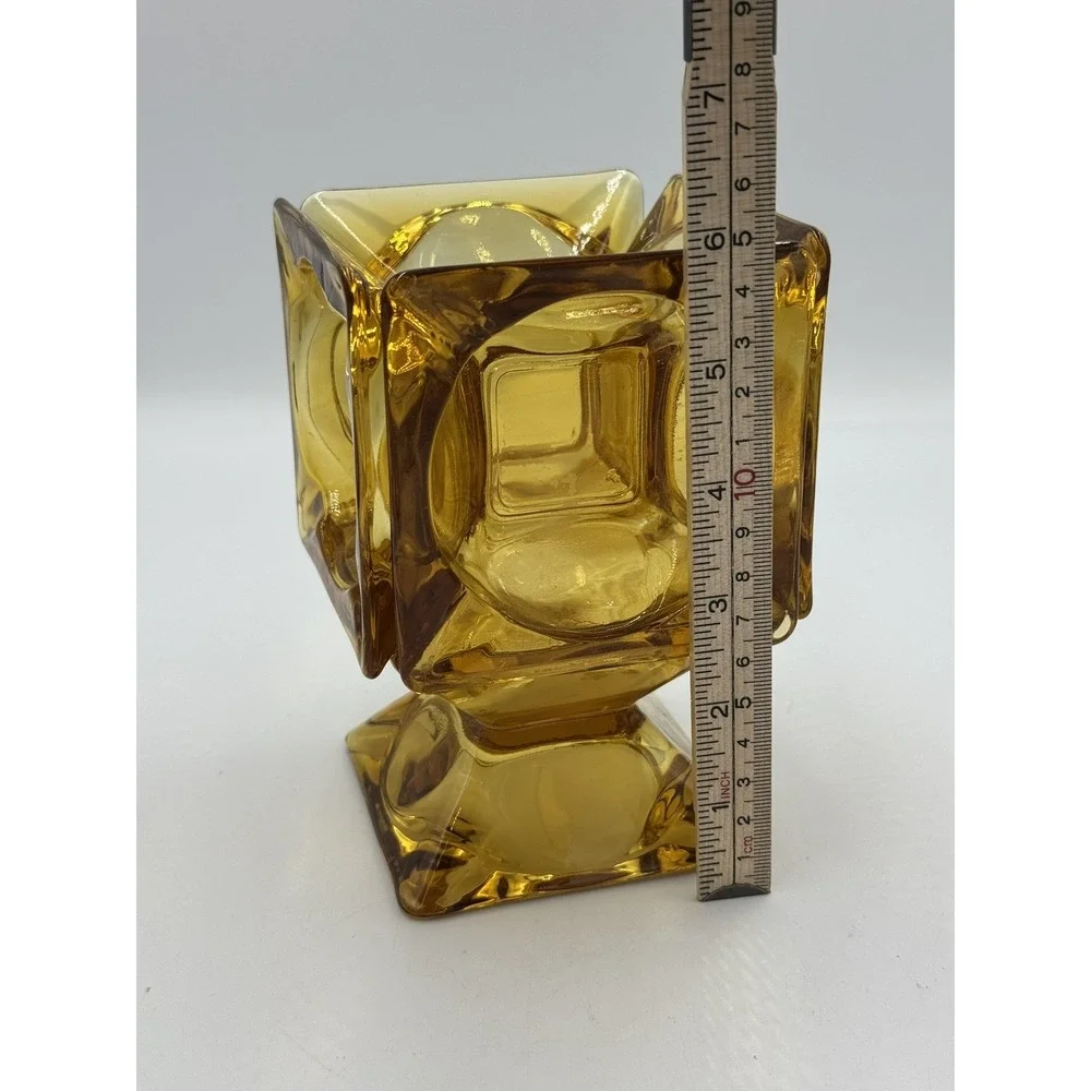 VTG Amber Glass Vase Heavy Square Cube Retro MCM Candle Holder Planter Retro